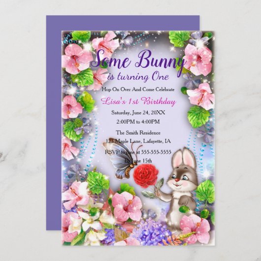 Invitation Lapin Et Papillon 1er Anniversaire (Devant / Derrière)