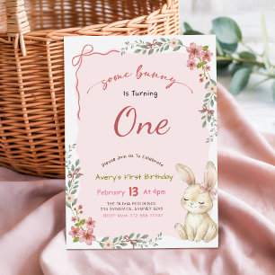 Invitation Lapin Floral à Nœud Rose Coquette 1er Anniversaire