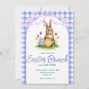 Invitation Lapin floral bleu aquarelle ruban gingham Pâques
