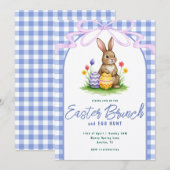 Invitation Lapin floral bleu aquarelle ruban gingham Pâques (Devant / Derrière)