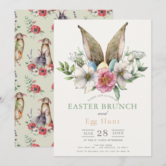 Invitation Lapin Floral Oreille Pâques Brunch & Chasse aux Oe (Devant / Derrière)