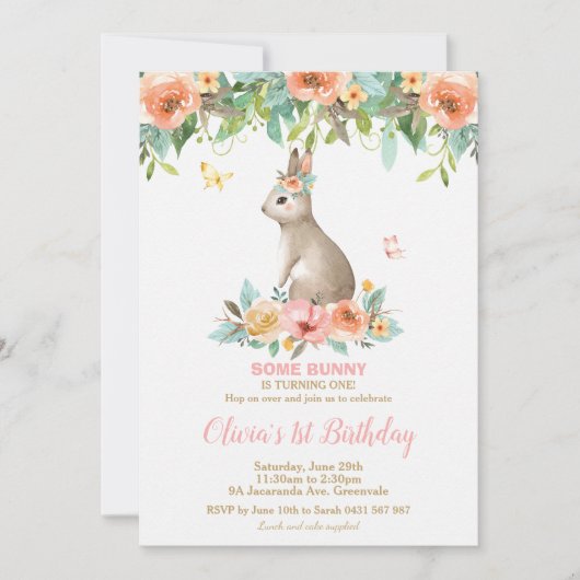 Invitation Lapin Floral Whimsical Lapin 1er fête d'anniversai (Devant)