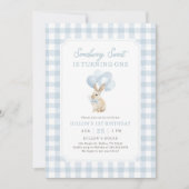 Invitation Lapin Gingham Bleu Premier Anniversaire (Devant)