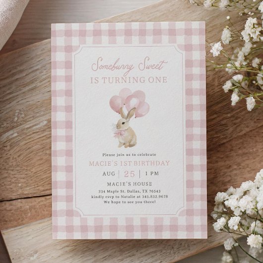 Invitation Lapin Gingham Rose pour un Premier Anniversaire