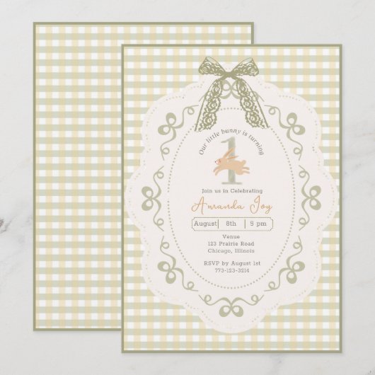 Invitation Lapin Gingham Vintage pour Premier Anniversaire (Devant / Derrière)