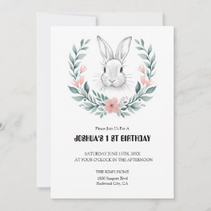 Invitation Lapin gracieux dans une couronne de fleurs