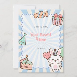 Invitation Lapin Kawaii Anniversaire Blue Starburst