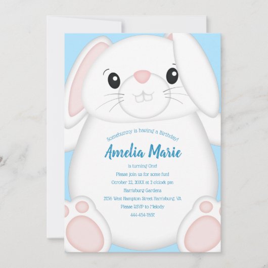Invitation Lapin Lapin Anniversaire Party Blue (Devant)