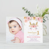 Invitation Lapin Lapin Cute Floral 1er Anniversaire Photo (Debout devant)