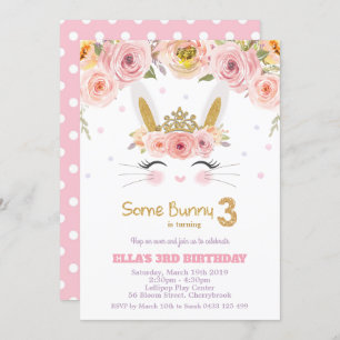 Invitation Lapin Lapin Cute Lapin Floral Rose 3e anniversaire