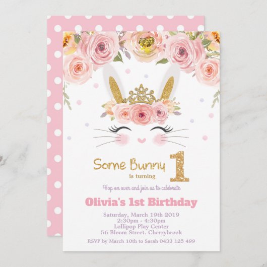 Invitation Lapin Lapin Cute Rose Floral 1er Anniversaire (Devant / Derrière)