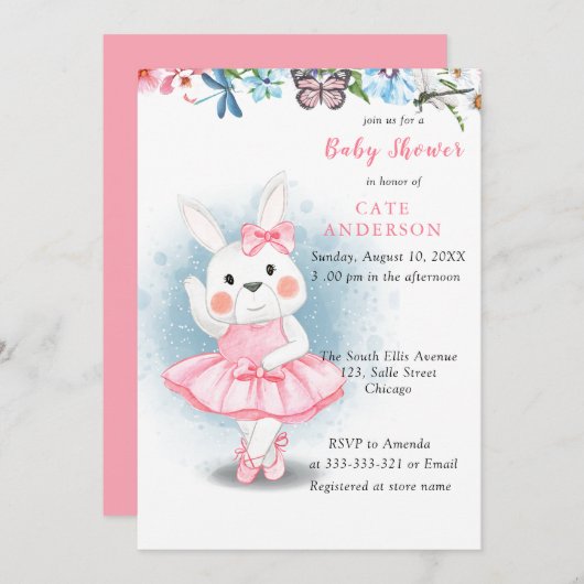 Invitation Lapin Lapin Danser Baby shower Ballerina (Devant / Derrière)
