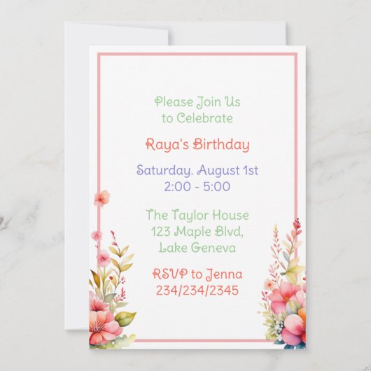 Invitation Lapin lapin en fleurs Fête d'anniversaire de la fi (Dos)