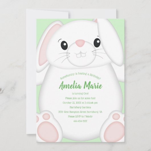 Invitation Lapin Lapin Fête d'Anniversaire Vert (Devant)
