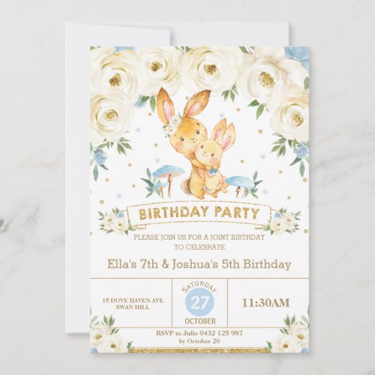 Invitation Lapin Lapin Floral Joint Anniversaire Soeur Frère (Devant)
