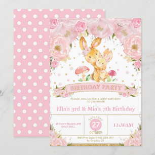 Invitation Lapin Lapin Floral Jumelles Soeurs d'Anniversaire