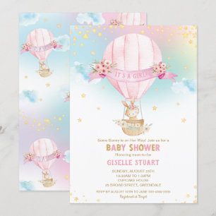 Invitation Lapin Lapin Hot Air Balloon Baby shower Girl