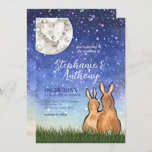 Invitation Lapin lapin lunaire en gros étoiles Mariage unique (Devant / Derrière)