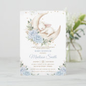Invitation Lapin Lapin Lune Bleu Doux Baby shower Floral Garç (Debout devant)