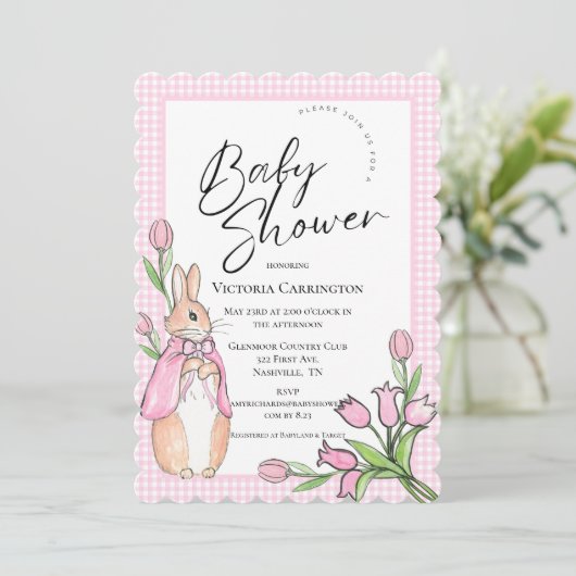 Invitation Lapin Lapin Rose En vichy Baby shower (Debout devant)