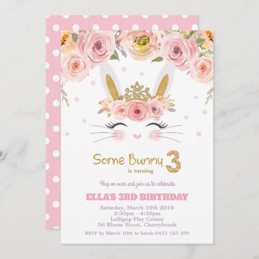 Invitation Lapin lapin rose floral mignon 3e anniversaire (Devant / Derrière)