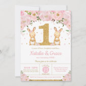 Invitation Lapin Lapin Twin Girls 1er Anniversaire Fête Twins (Devant)