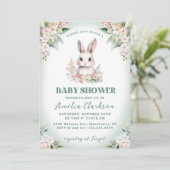 Invitation Lapin Lapin Vert Doux & Baby shower Floral (Debout devant)