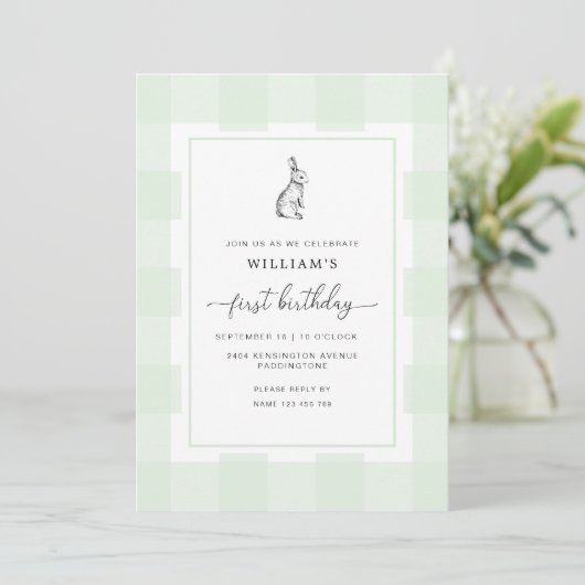 Invitation Lapin Lapin Vert En vichy 1er Anniversaire Invitat (Debout devant)