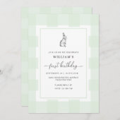 Invitation Lapin Lapin Vert En vichy 1er Anniversaire Invitat (Devant / Derrière)
