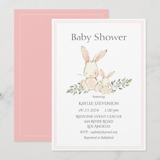 Invitation Lapin lapins rose Baby shower moderne (Devant / Derrière)