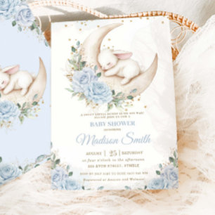 Invitation Lapin Lune Bleue Douce Florale Garçon Baby Shower