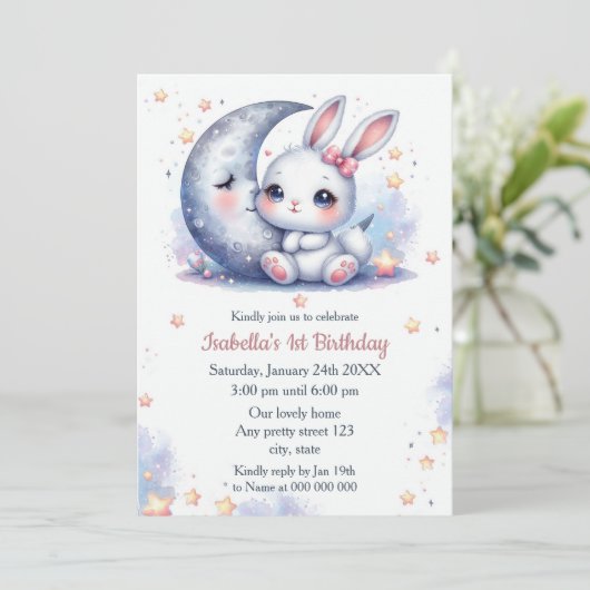 Invitation lapin mignon et l'anniversaire de lune croissant (Debout devant)