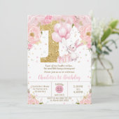 Invitation Lapin mignon lapin rose Floral 1er anniversaire un (Debout devant)