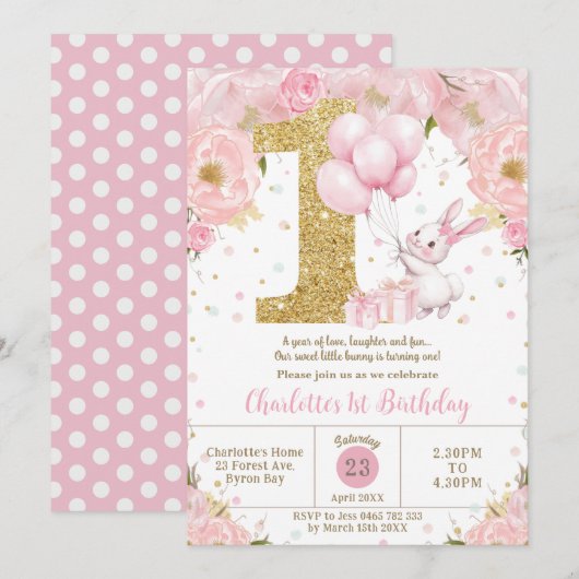 Invitation Lapin mignon lapin rose Floral 1er anniversaire un (Devant / Derrière)