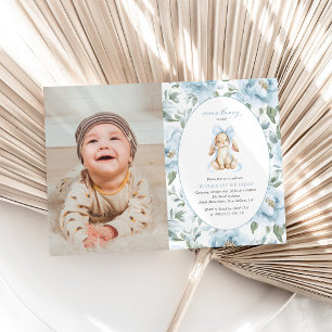 Invitation Lapin Mignon, Nœud Bleu, Fleurs Bleues, Premier An