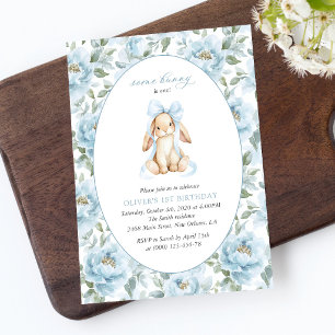 Invitation Lapin Mignon, Nœud Bleu, Fleurs Bleues, Premier An
