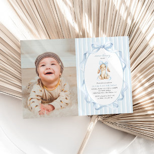 Invitation Lapin Mignon, Nœud Bleu, Rayures Bleues, Premier A