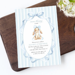 Invitation Lapin Mignon, Nœud Bleu, Rayures Bleues, Premier A