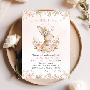 Invitation Lapin Mignon, Papillon, Fleurs Roses, Baby Shower