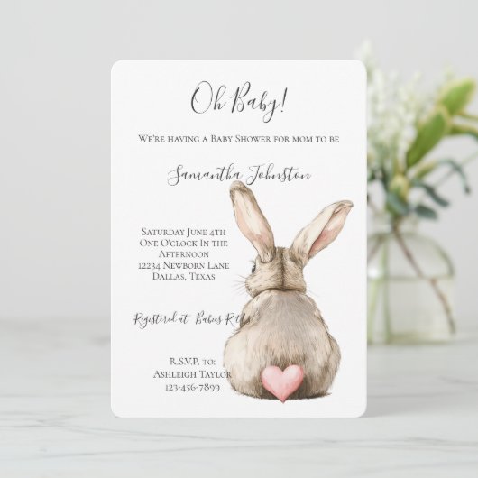 Invitation Lapin Mignon Queue Rose Bébé à Bord Shower (Debout devant)