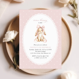 Invitation Lapin, Nœud Rose, Points Roses, Premier Anniversai