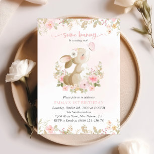Invitation Lapin, Papillon, Fleurs Roses, Premier Anniversair
