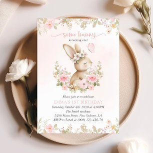 Invitation Lapin, Papillon, Fleurs Roses, Premier Anniversair