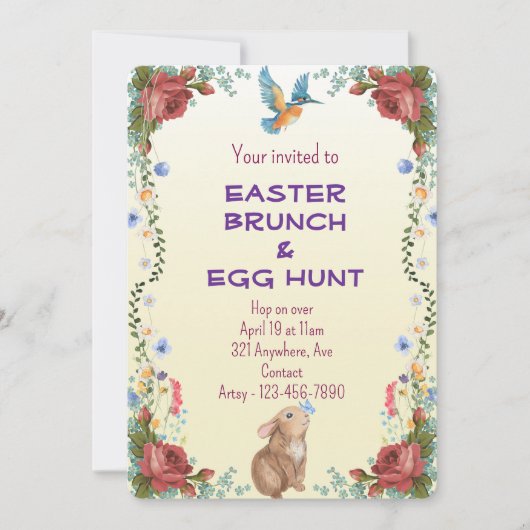 Invitation Lapin, Papillon, Oiseau & Roses Rouges  (Devant)