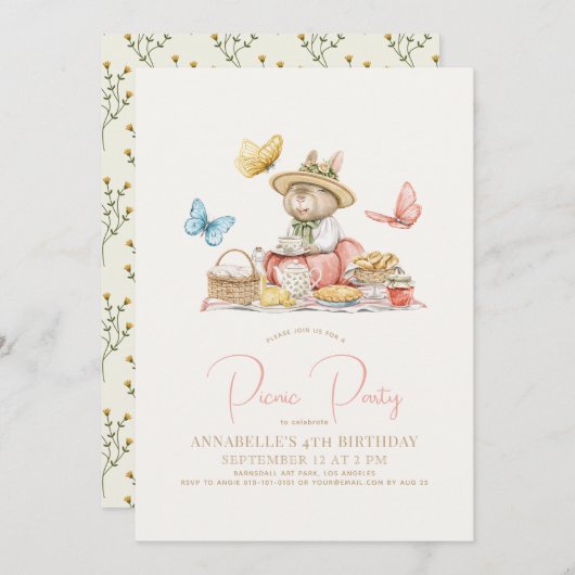 Invitation Lapin & Papillons Pique-nique Tea Party Fille Anni (Devant / Derrière)