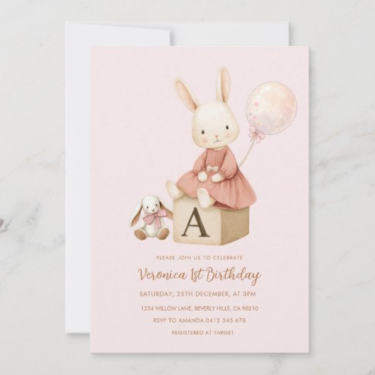 Invitation Lapin Rose 1er Anniversaire (Devant)