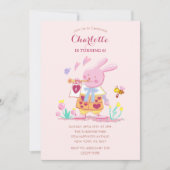 Invitation lapin rose aquarelle dans le jardin anniversaire d (Devant)