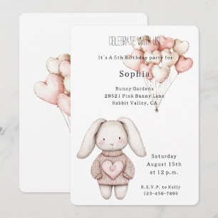 Invitation Lapin Rose Cœur Anniversaire