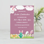 Invitation Lapin Rose Et Oeufs Brunch De Pâques Et Chasse Aux (Debout devant)