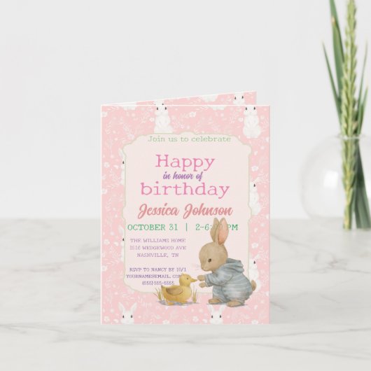 Invitation Lapin Rose fille (Devant)